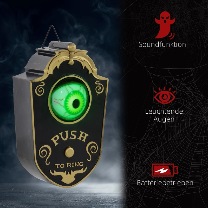 HOMCOM Halloween-deco, Deurbel met Horror-Oog, Geluid- & Aanraaksensor, Bewegend, Groen Licht