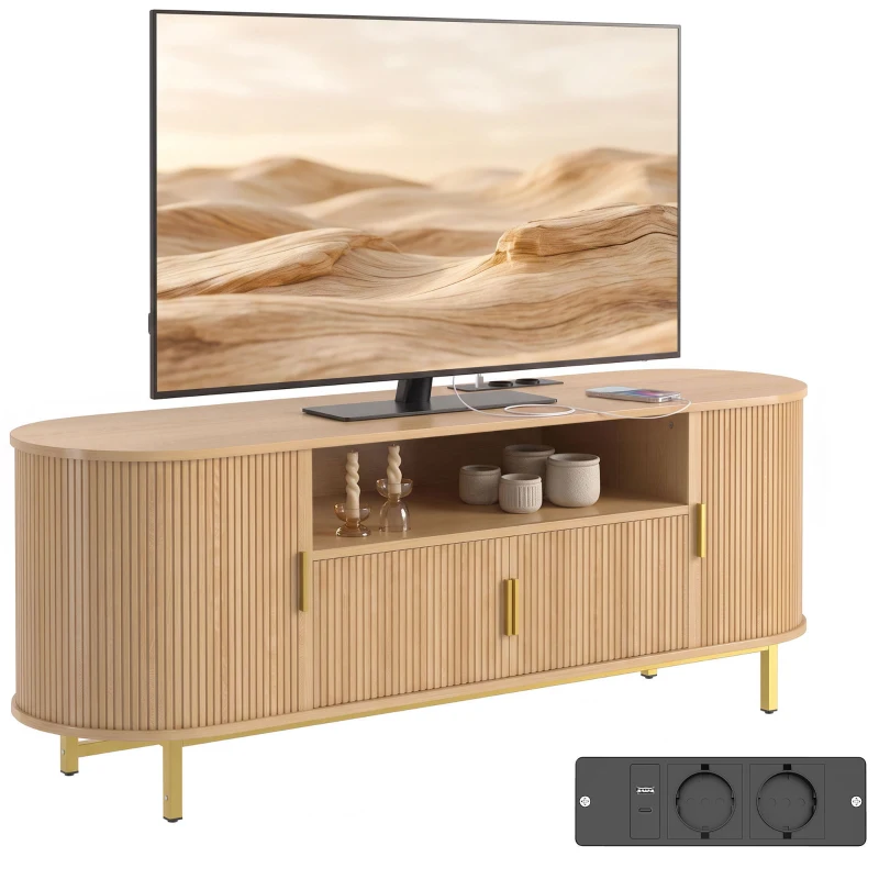 HOMCOM Comodă TV 140 cm cu 2 prize și 2 porturi, Comodă pentru 213,4 cm, 2 uși batante, 2 uși glisante, stejar