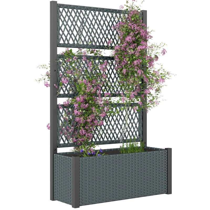 Outsunny Hoogbed met klimrek in rattan-look plantenbak bloembak met klimsteun 90 x 35 x 148 cm Donkergrijs