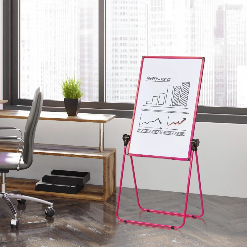 HOMCOM Chevalet de conférence pliable - tableau blanc magnétique double face - pivotant, réglable en hauteur 73L x 45l x 92-158H cm - rose