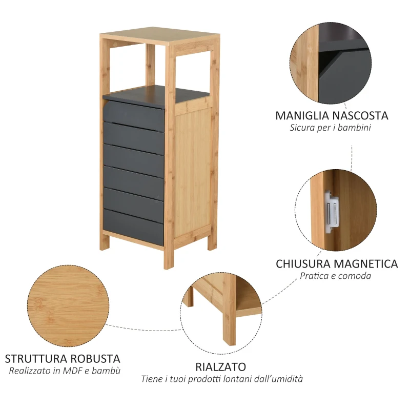 HOMCOM Mobiletto da Bagno Salvaspazio in Bambù, Armadietto da terra con Ripiano per Camera da letto, Grigio