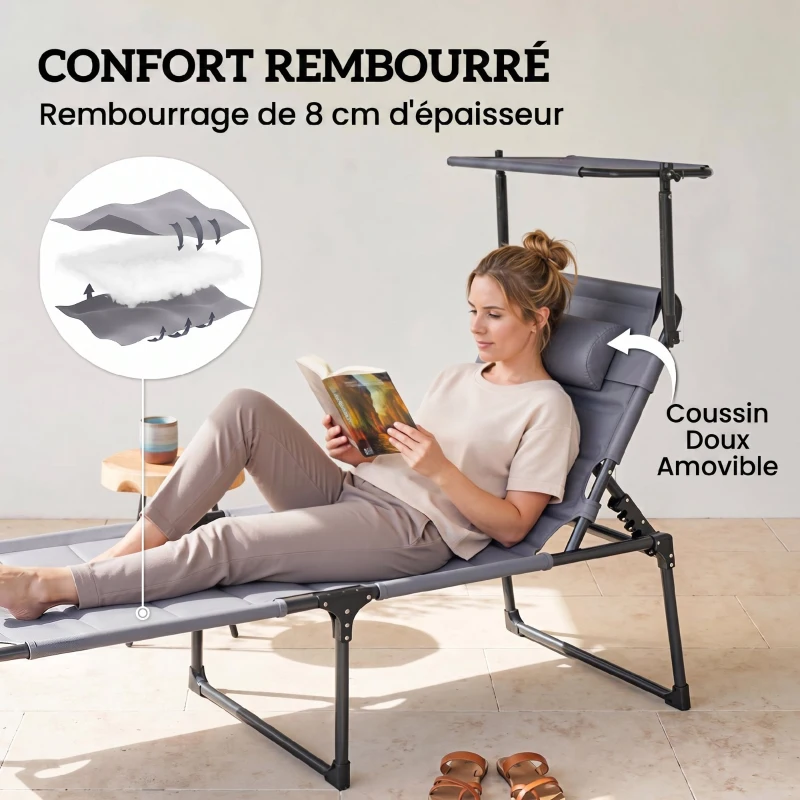 Outsunny Lot de 2 Bains de soleil transats pliables grand confort dossier pare-soleil réglables multi-positions, gris