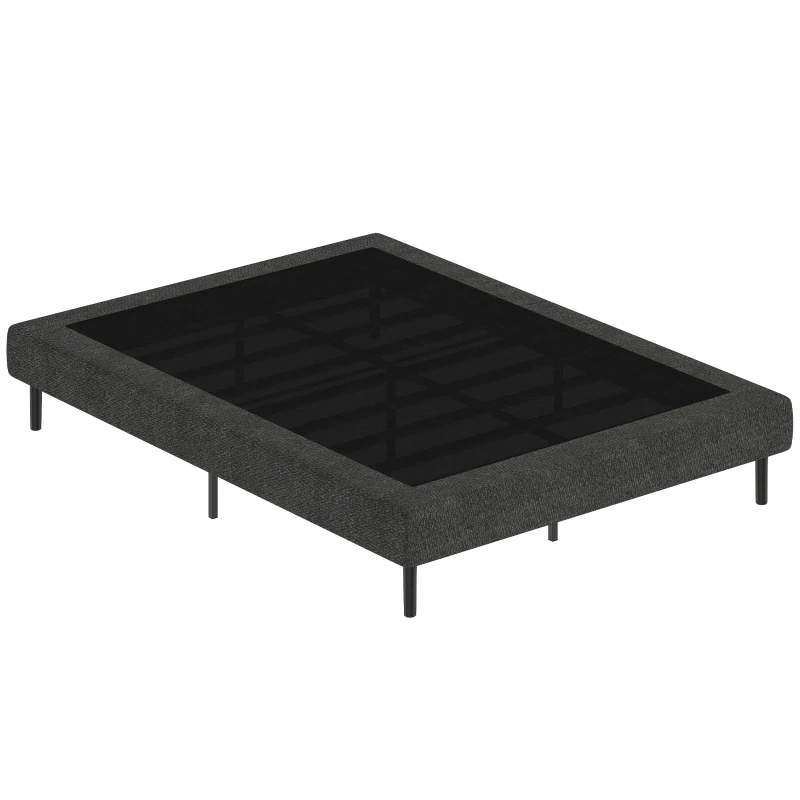 HOMCOM Somier tapițat 140x190 cm, cadru de pat cu husă, 10 lamele lemn, 9 picioare stabile, gri