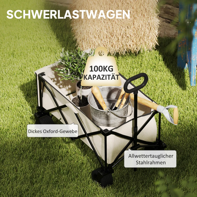 Outsunny Tuinwagen 100 kg Belastbaar, Opvouwbare Transportkar met Uitneembare Doek, 90 x 48 x 92 cm - Beige
