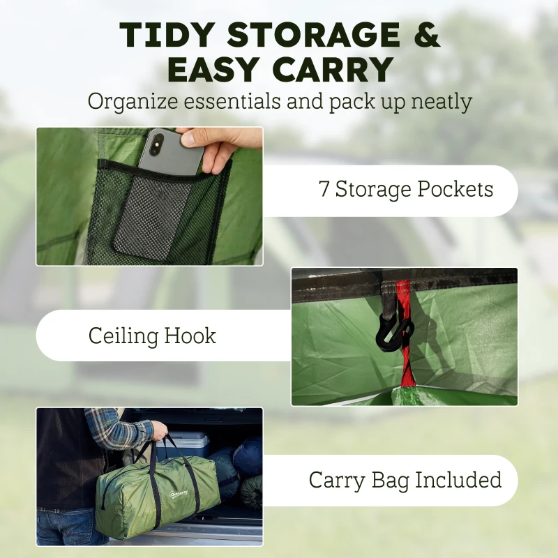 Outsunny 4 Person Easy Setup Family Camping Tent with 2 Rooms, Waterproof Tunnel Tent w/ Sewn In Groundsheet, Green & Grey