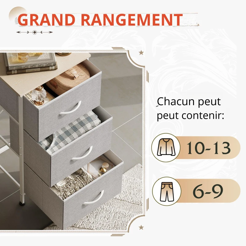 Commode à 3 tiroirs, plateau en bois sans odeur, tiroirs pliables en tissu, 39,8x29,8x75,1 cm, Gris clair
