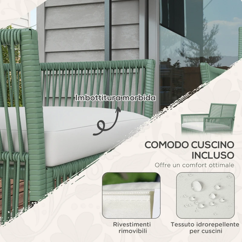 Outsunny Set da Giardino in Rattan da 4 Pezzi con 2 Poltroncine, Divano e Tavolino da Caffè, Verde