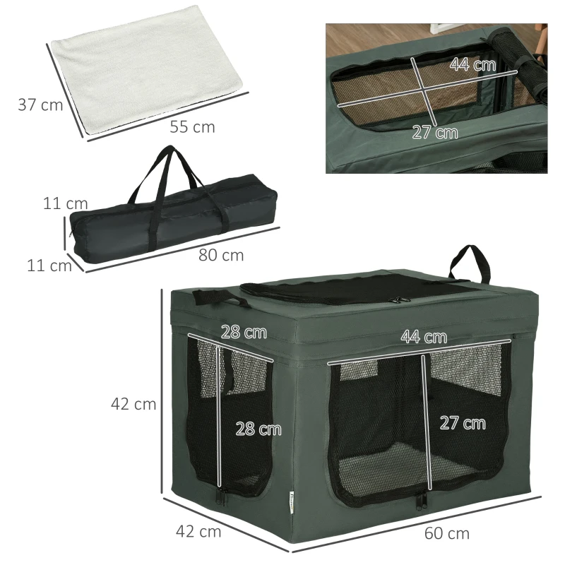 PawHut Transportbox, opvouwbaar, 3 ingangen, binnenkussen, voor honden en katten tot 4 kg/40 cm, grijs
