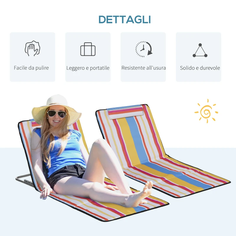 Outsunny Set 2 Sdraio da Spiaggia Pieghevoli con Schienale Regolabile e Poggiatesta, 53x124x35-45 cm, Multicolore