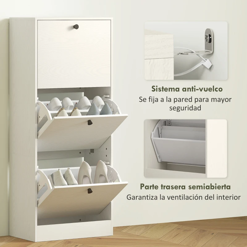 HOMCOM Zapatero con 3 Puertas Abatibles Estantes Ajustables y Diseño Compacto 47x28x115 cm Blanco Veteado