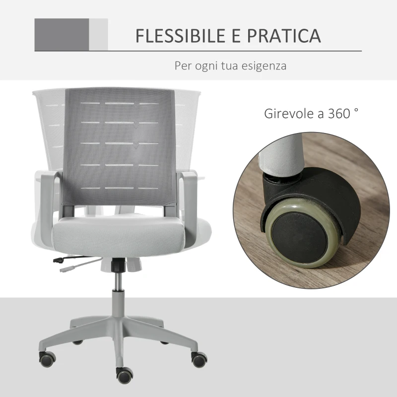 Vinsetto Sedia da Ufficio Ergonomica Girevole con Altezza Regolabile, Ruote e Braccioli, 59x61x95.5-105cm Grigio