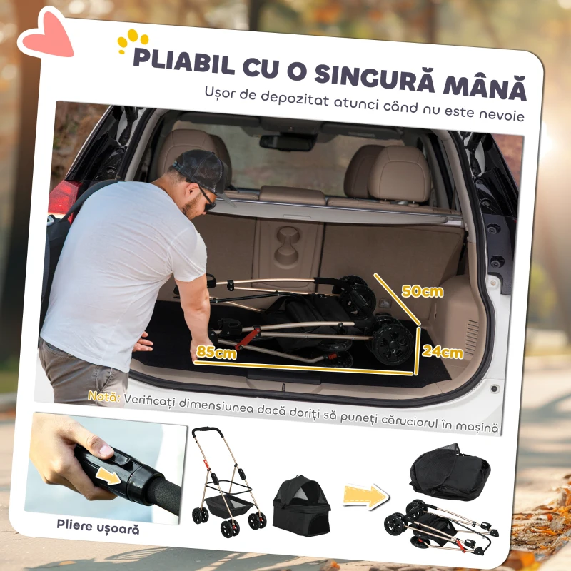 PawHut Cărucior pentru Câini 3 în 1 Pliabil cu Geantă de Transport și Coș Inferior, Negru