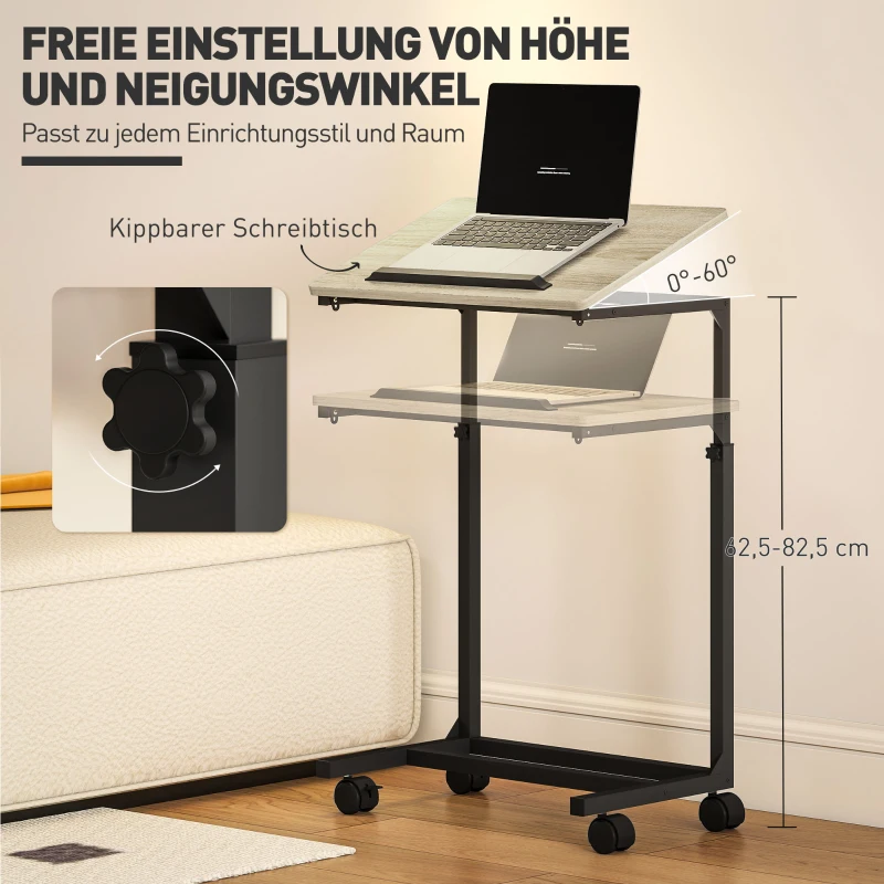 HOMCOM Bijzettafel, bureau en nachtkastje, in hoogte verstelbaar, 4 wielen, metalen frame