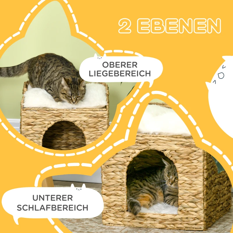 PawHut kattengrot met waterhyacintgras, 2 slaapruimtes, 2 wasbare kussens, naturel + wit