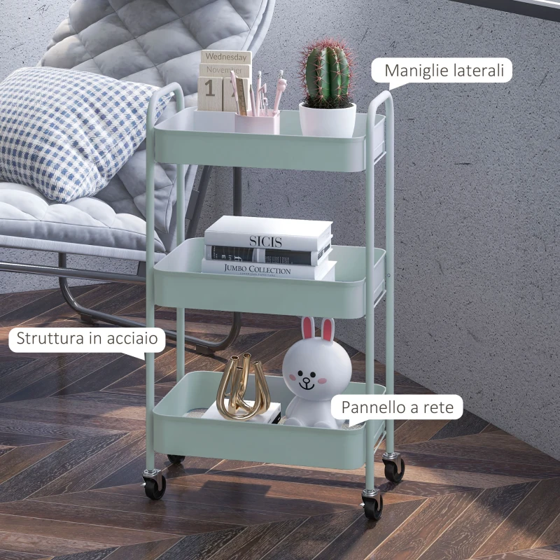 HOMCOM Carrello da Cucina a 3 Livelli con Maniglie e 4 Rotelle, in Acciaio, 45x30.6x79 cm, Azzurro