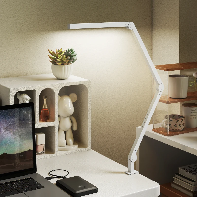 HOMCOM LED Desk Lamp, Dimmable Desk Light with Swing Arm and Clamp, Adjustable Eye-Caring Table Lamp with 2 Colour Modes & 5 Brightness Levels for Study, Drawing, Office, Architect, Task, White
