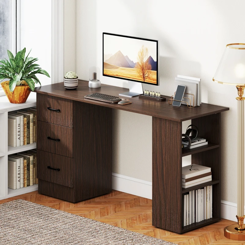 HOMCOM Scrivania Moderna con 3 Cassetti e 3 Ripiani per Camera e Ufficio, in Legno, 120x49x72 cm, Color Noce