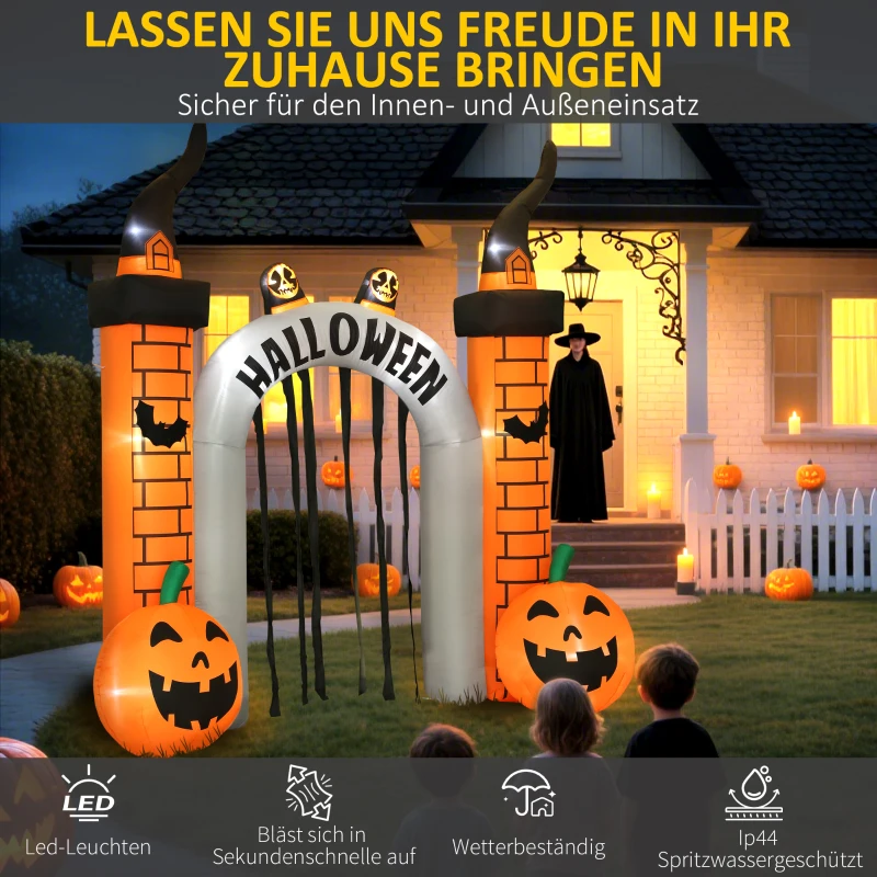 Outsunny Opblaasbare Halloween-boog, pompoenontwerp, LEDs, haringen, polyester