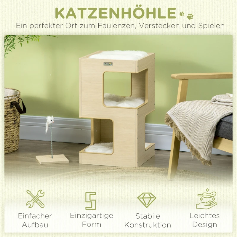 PawHut kattengrot, kattenhuis, 3-laags kattenkast met kussen, eikenhout