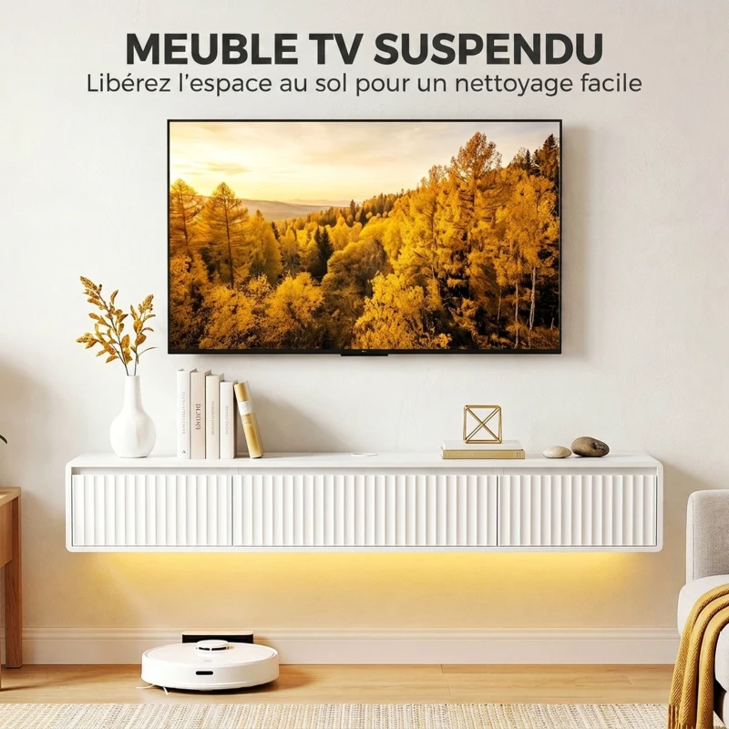 HOMCOM Meuble TV Suspendu Flottant 160 cm avec Éclairage LED et Prises, Meuble Télé pour Téléviseur 72 Pouces, Blanc
