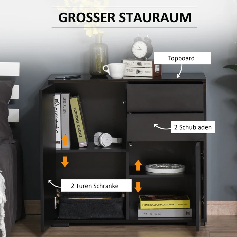 HOMCOM Opbergkast met 2 lades, 2 deuren, met kantelbeveiliging, voor woonkamer, slaapkamer, 79 x 36 x 74 cm, Zwart(m-4)