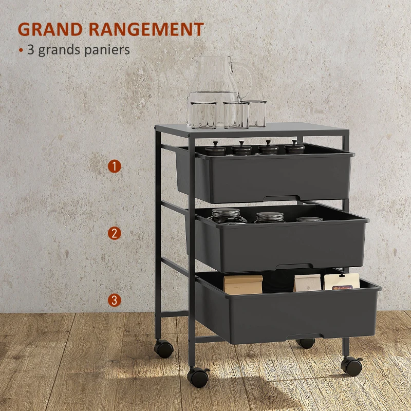 HOMCOM Desserte à roulettes, chariot de rangement à roulettes en acier chariot de service à 3 niveaux, plateau et 3 panier