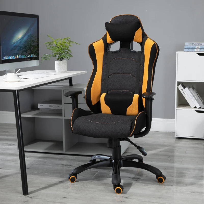 Vinsetto Stylish Racing Gaming Chair Yellow Panels Ergonomic Design 360° Swivel Adjustable Height Arms w/ Neck Back Pillow Home Gaming Seat Chair - Black&Yellow