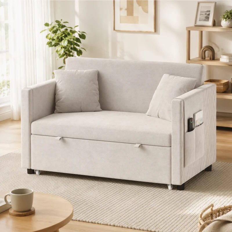 HOMCOM Sofá Cama 2 Plazas 3 en 1 de Terciopelo Holandés con Respaldo Ajustable y 2 Cojines Beige
