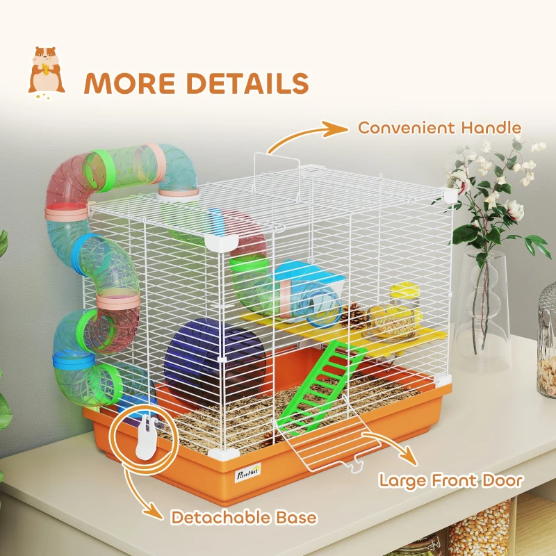 PawHut 2 Tier Hamster Cage, Gerbil Cage with Handle, Exercise Wheels, Tunnel, Water Bottle, Dishes, Ladder, for Dwarf