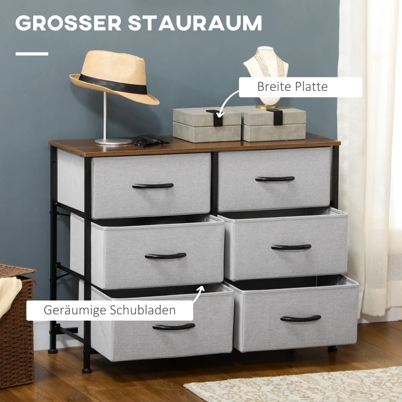 HOMCOM Ladekast Sideboard, 6 lades, stoffen lades, 80 cm x 30 cm x 62,5 cm, Bruin + Zwart + Grijs