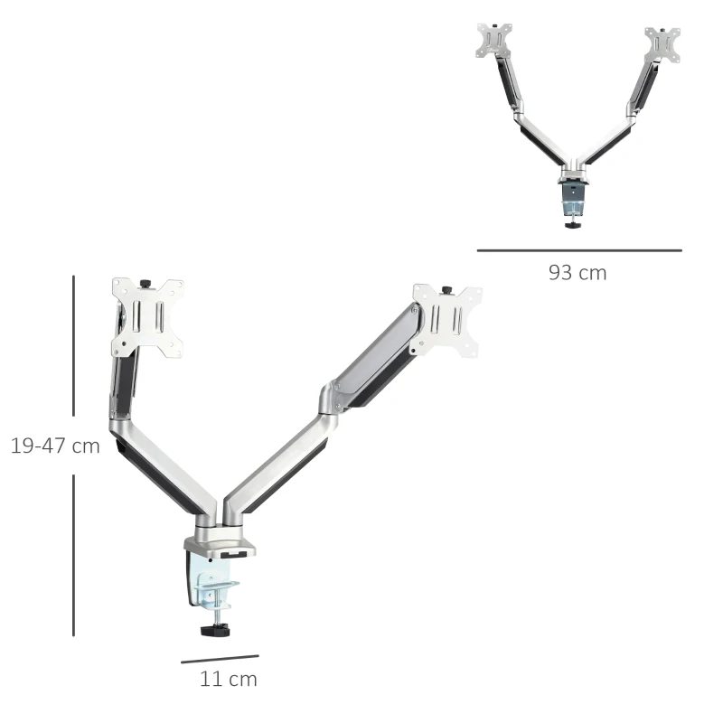 Vinsetto Soporte Monitor Doble para Pantallas LED LCD de 13-32 Pulgadas VESA 75/100 mm con Brazo Ajustable y Giratorio 360° de Aluminio 2 Opciones de Montaje 93x11x47 cm Plata