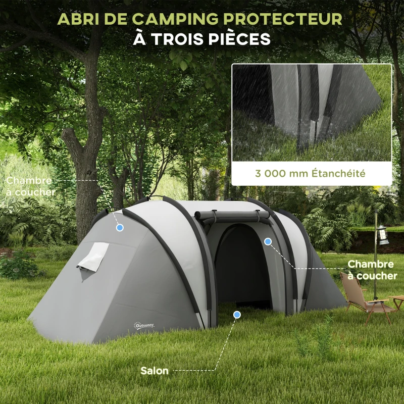 Outsunny Tente de camping familiale 4-5 personnes avec 2 chambres 3 fenêtre, sac de transport, étanche, dim. 450L x 220l x 180Hcm