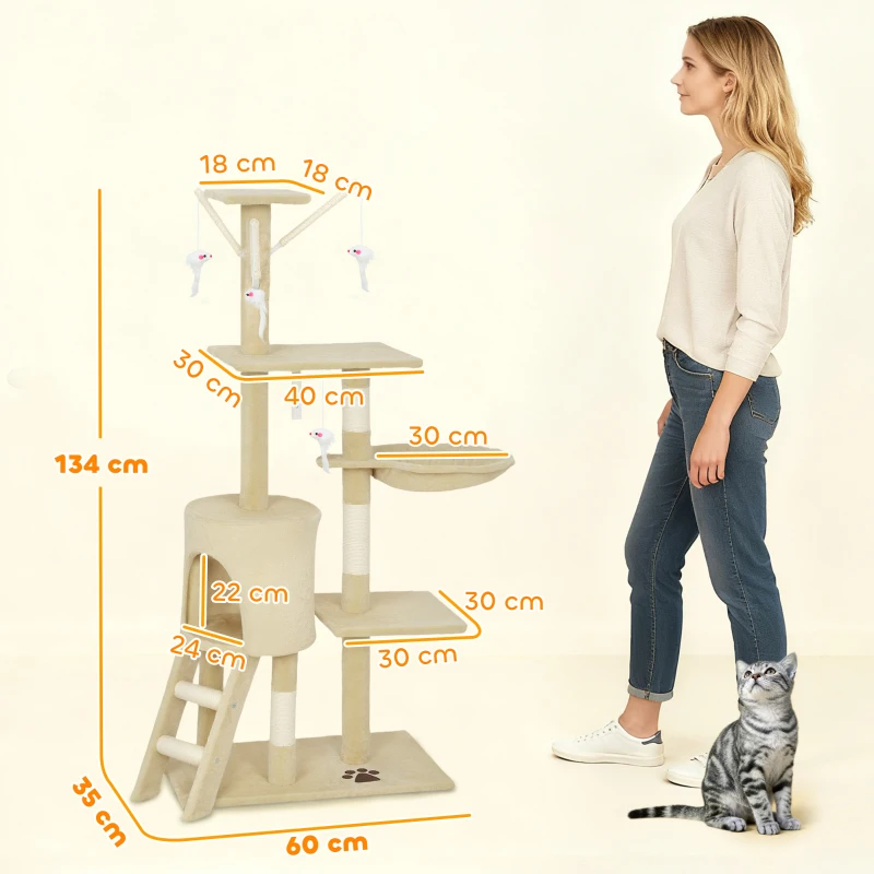 PawHut krabpaal kattenboom met hol, 4 speeltjes, sisalstammen, groot platform, trap, voor katten onder 5 kg, Beige