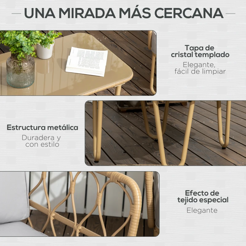 Outsunny Conjunto de Jardín de Ratán Sintético con Sofá Doble 2 Sillones y Mesa de Centro con Encimera de Cristal y Cojines