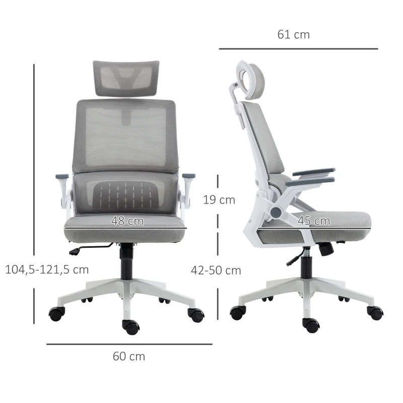 Vinsetto Bureaustoel Schrijftafelstoel Kantoorstoel, in hoogte verstelbaar, 1 Hoofdsteun, 58 x 61 x 119 cm, Grijs(m-3)