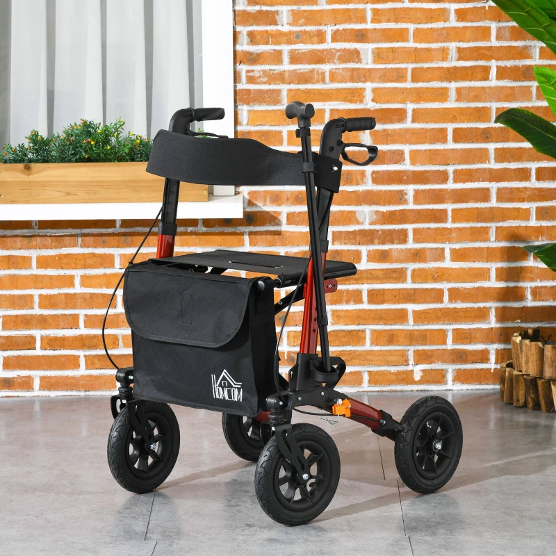 HOMCOM Lightweight Walking Frame, Rubber Wheels, Rollator Walker with Seat and Wheels with Adjustable Handle, Bag, Red
