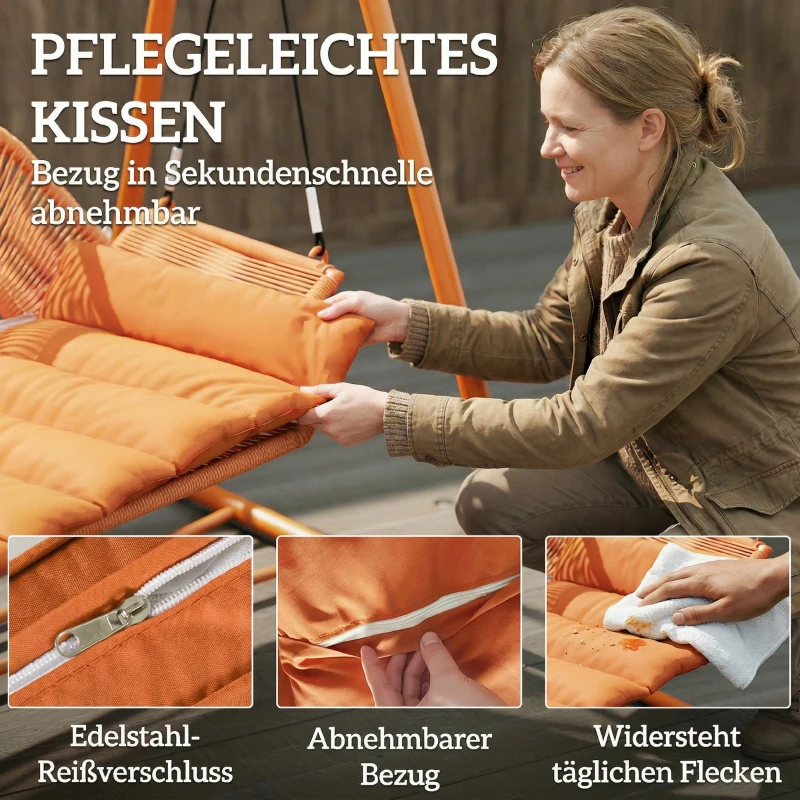 Outsunny Hollywoodschommel, Tuinschommel met Kussens, Frame, Voor Tuin, Balkon, 174 x 120 x 162 cm, Metaal, Terracotta