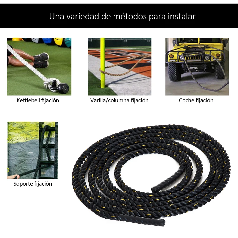 HOMCOM Cuerda de Batalla Ø38 mm Longitud 9 m Battle Rope Formación Battling Power Cuerda Ejercicio Fitness Deporte Poliéster Ultra Resistente Negro