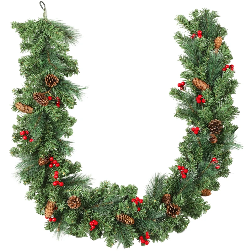 HOMCOM Guirlande de Noël artificielle 180 cm, décoration de Noël, 162 branches denses, pommes de pin, grappes de baies, vert