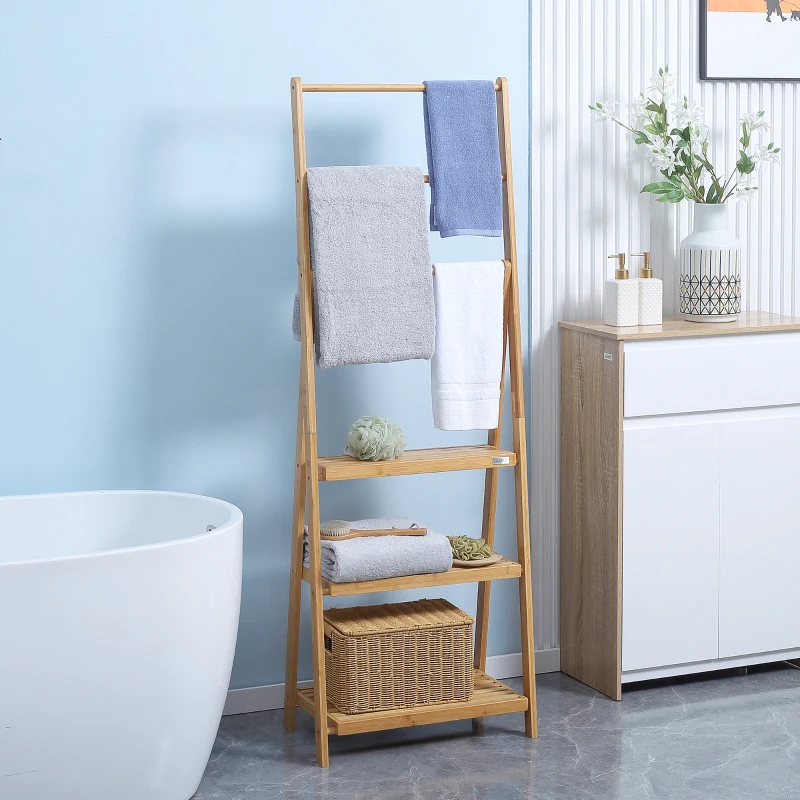 kleankin Suport pentru prosoape de baie multifuncțional pliabil cu 3 bare și 3 rafturi, 53x30.5x152 cm, lemn natural