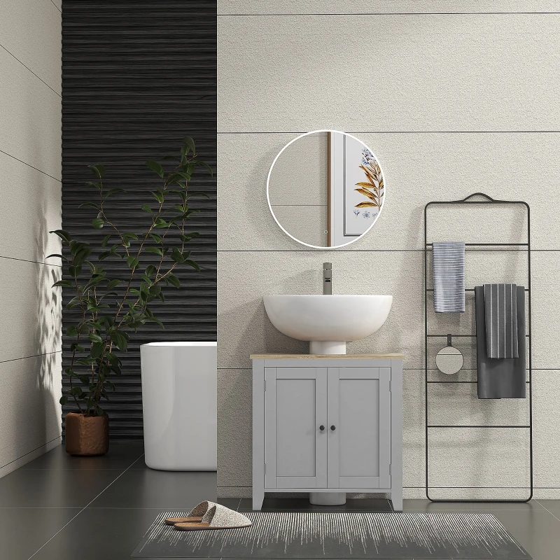 kleankin Under Sink Cabinet, Bathroom Sink Cabinet with 2 Doors, Pedestal Under Sink Design, Freestanding Bathroom Cupboard with Adjustable Shelf, Grey