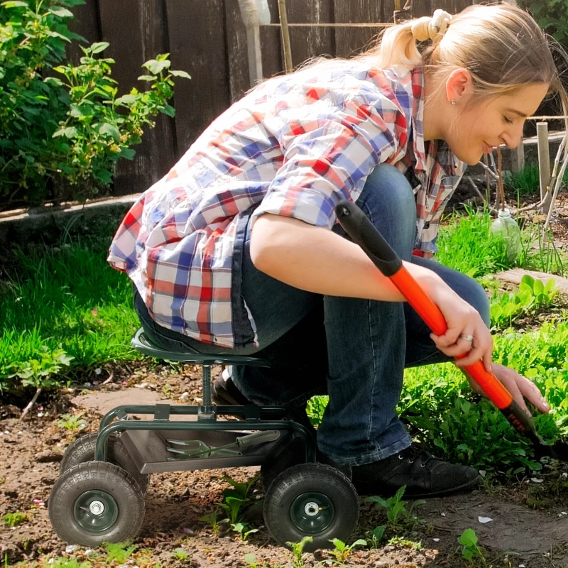 Outsunny Tuinwagen met zitplaats, draaibaar, verstelbaar in hoogte, tot 150 kg, staal, Donkergroen