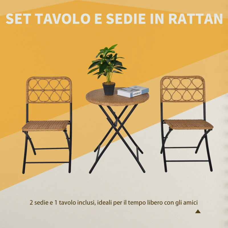 Outsunny Set 3 Pezzi Tavolino con Sedie da Giardino Pieghevoli Stile Boho Chic in Rattan e Acciaio