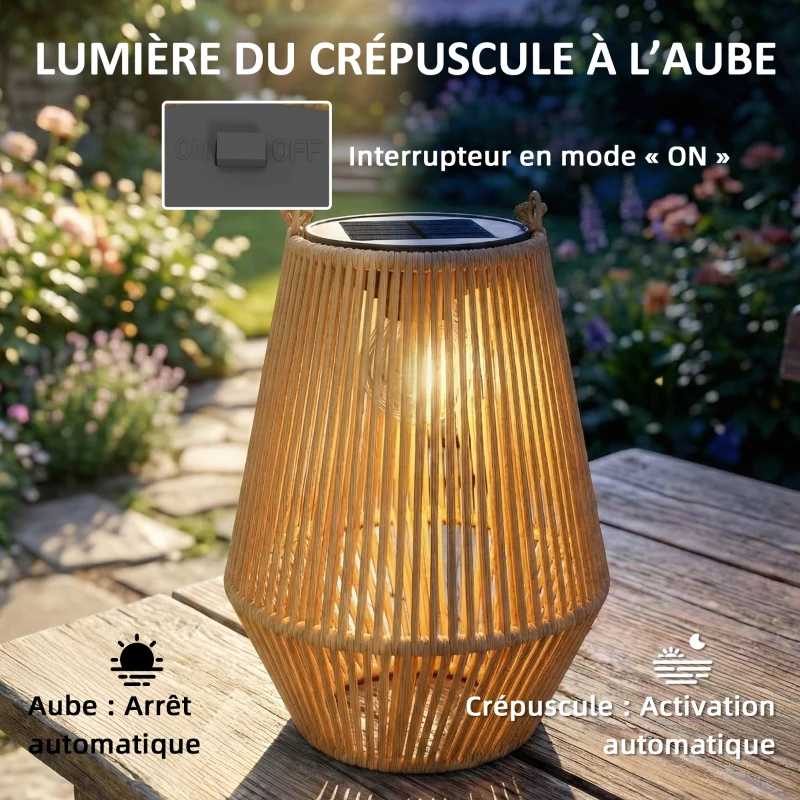 Outsunny Lot de 2 lanternes solaires suspendues extérieur, lampes de jardin en résine tressée avec allumage automatique, marron