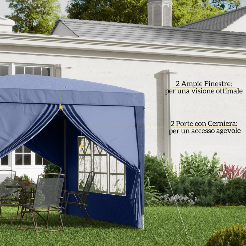 Outsunny Gazebo da Giardino Pieghevole con Corde e Picchetti Inclusi, 2.95x2.95x2.58 m, Blu