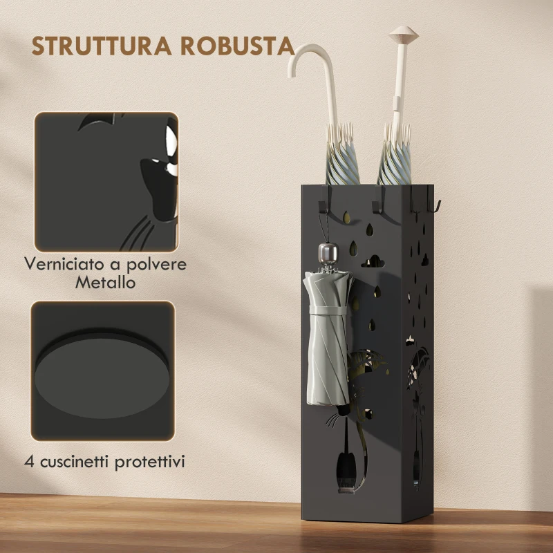 HOMCOM Portaombrelli Quadrato Stilizzato in Metallo con Vassoio Antigoccia Rimovibile e 4 Ganci, 15.5x15.5x49 cm, Nero