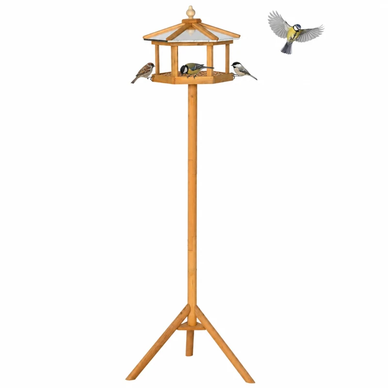 PawHut Houten vogelvoederhuis op standaard met platform en schuin metalen dak, Ø57,7 x 153 cm, naturel