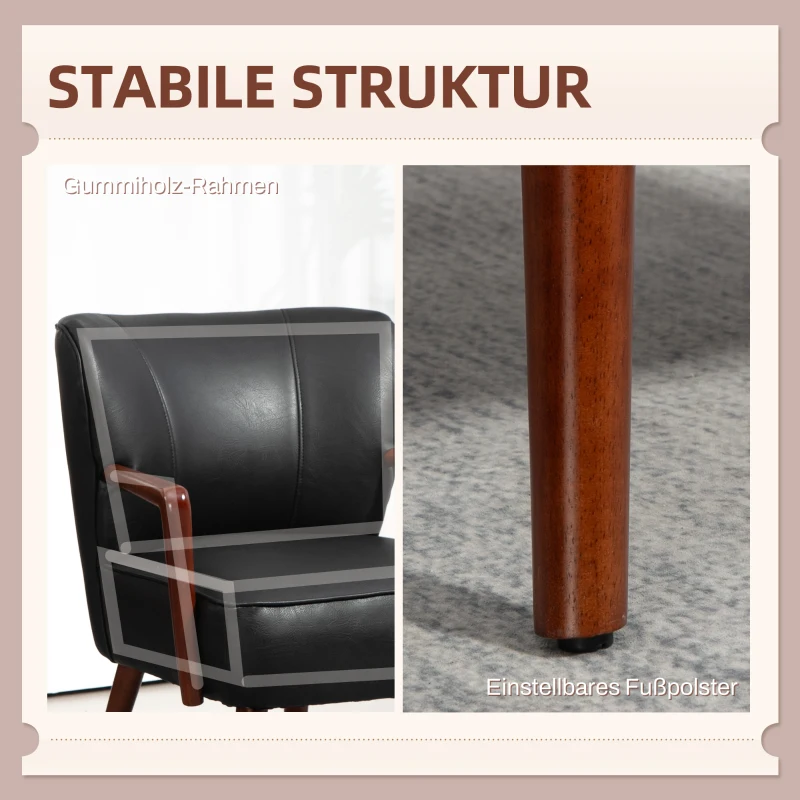 HOMCOM Accentstoel, Brede Zitting, Lederlook, Houten Frame, tot 120 kg, 67x77x80 cm, Zwart(m-5)