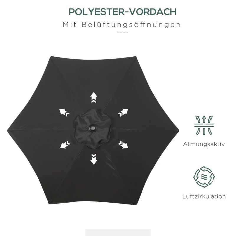 Outsunny Parasol Ø196 cm met Kantelfunctie, Zeshoekig voor Strand, Balkon en Tuin, Zwart