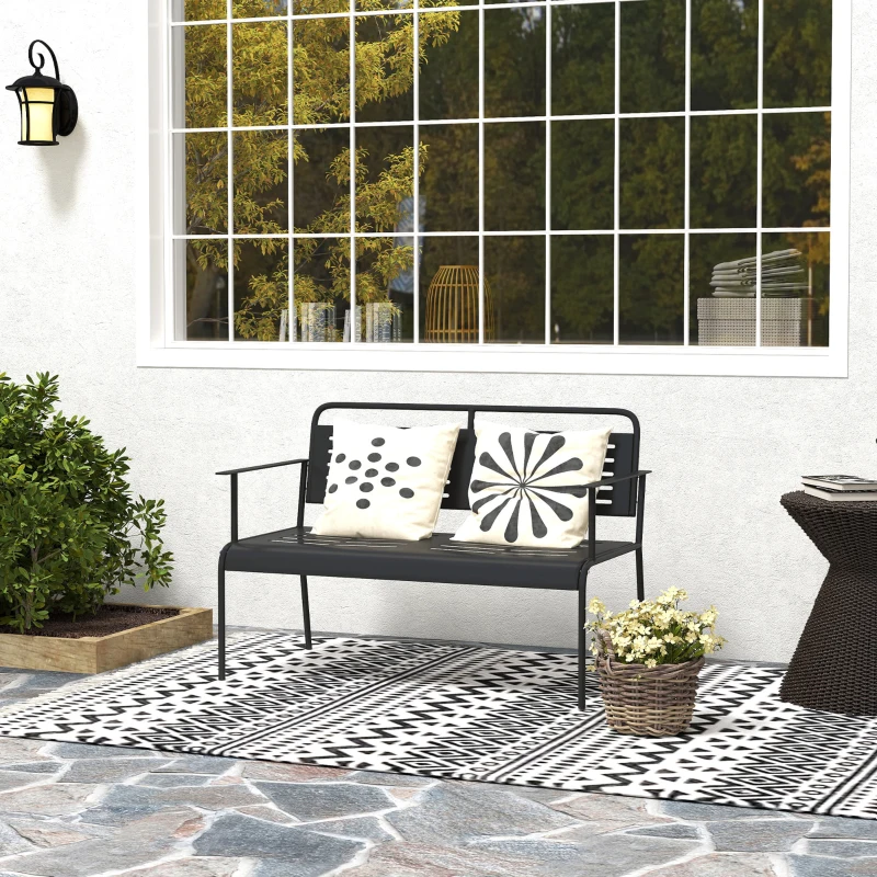 Outsunny 2-Persoons Weerbestendige Tuinbank, Waterbestendige Tuinmeubels met Rug- & Armleuningen 121 x 64 x 84cm, Zwart